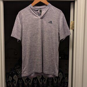 adidas golf shirt, mock collar, purple with stripes, medium